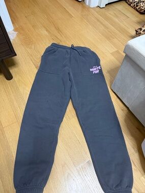 White Fox Boutique Charcoal Gray Track Pants with Pink Logo